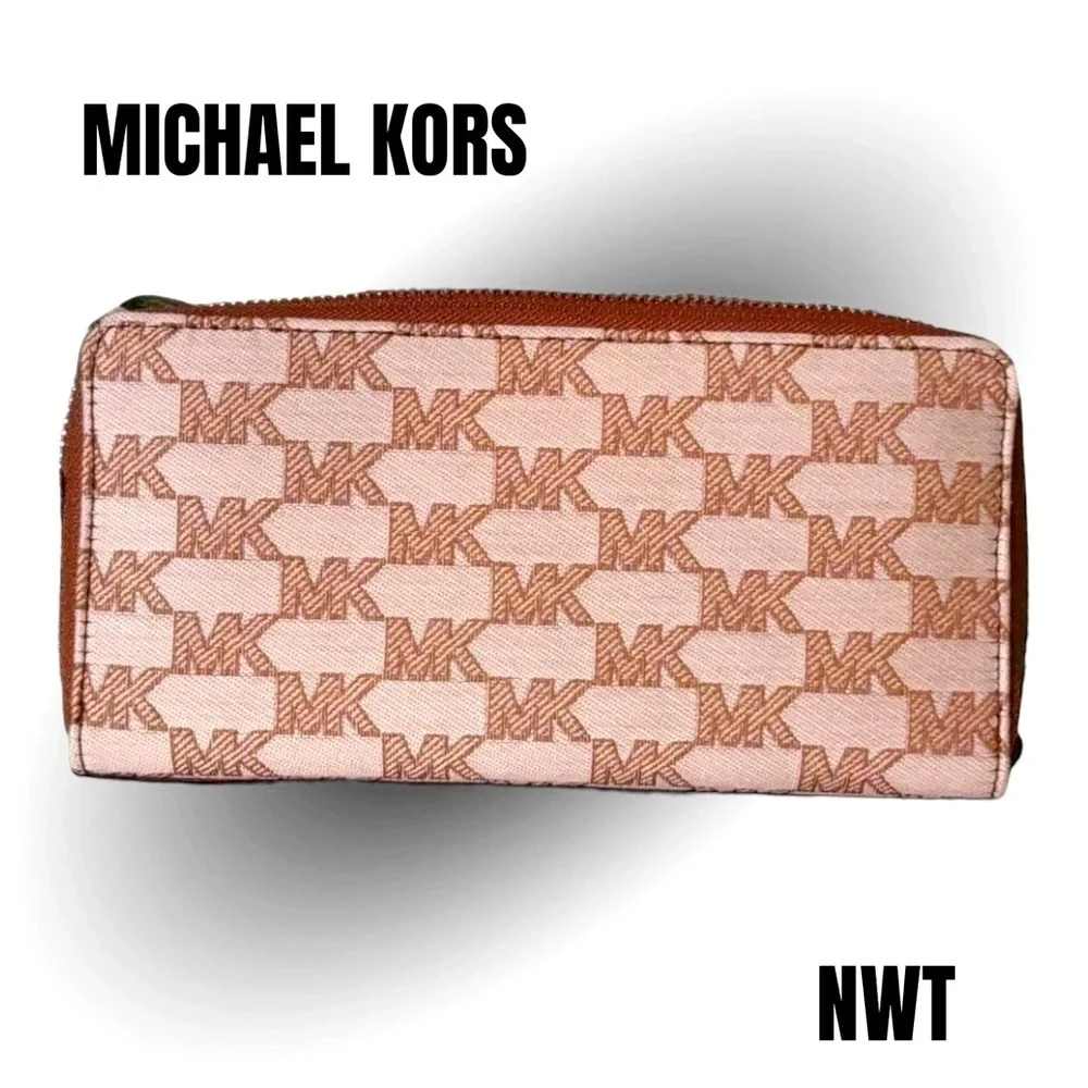 MICHAEL KORS ZIP AROUND WALLET NWT FABRIC EXTERIOR MK LOGO PRINT